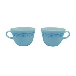 Pyrex Set Of 2 Vintage Coffee Mugs Cups Blue Floral Morning Design